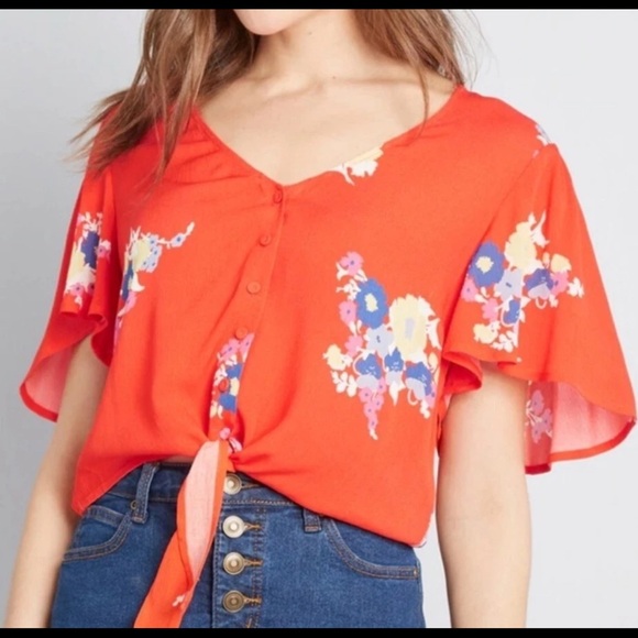 Modcloth Tops - ModCloth Cropped Breezy Tendency Top Red Orange Floral Front Tie Plus Size 4X